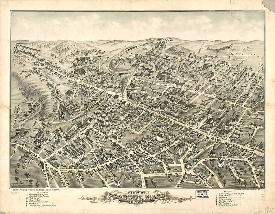 Vintage Pictorial Map of Peabody MA - 1877 Drawing by ...