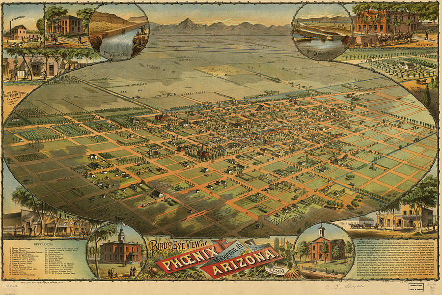 Phoenix Drawing - Vintage Pictorial Map of Phoenix Arizona - 1885 by CartographyAssociates