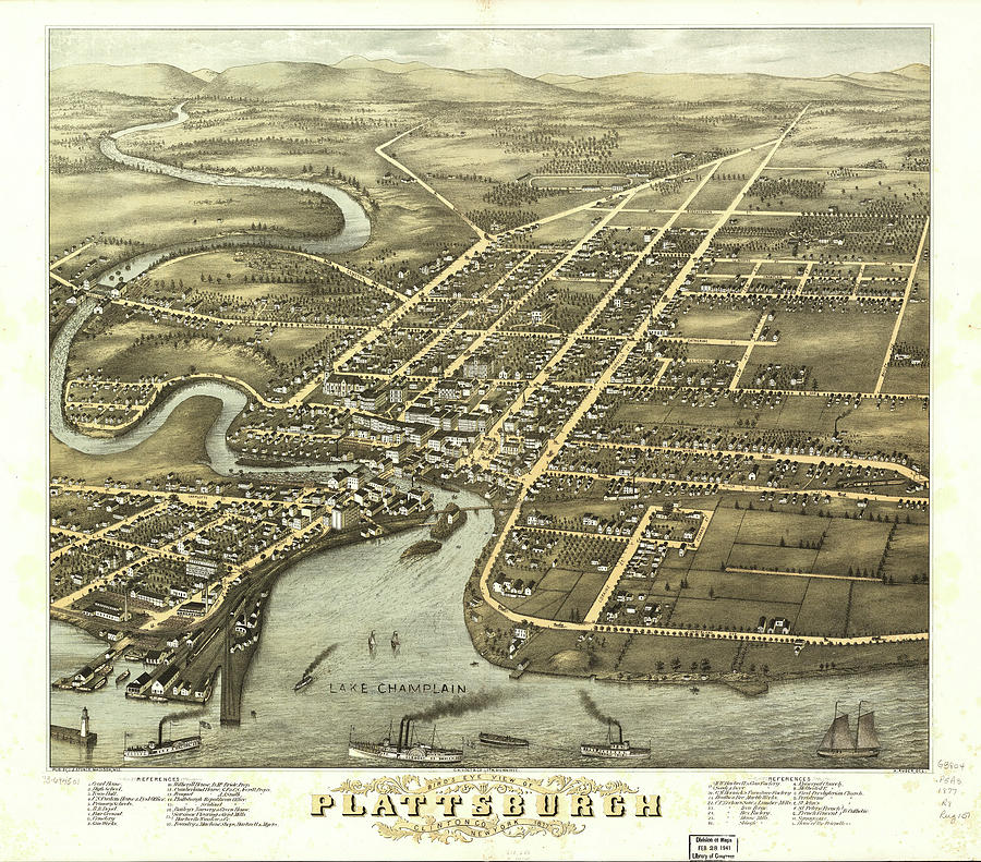 Vintage Pictorial Map Of Plattsburgh Ny - 1877 Drawing By 