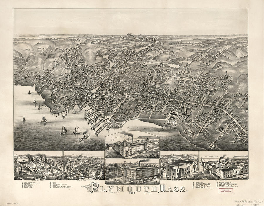 Vintage Pictorial Map of Plymouth MA - 1882 Drawing by ...