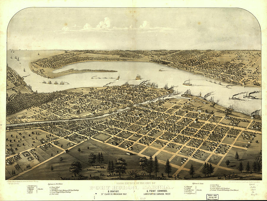 Vintage Pictorial Map Of Port Huron Mi - 1867 Drawing