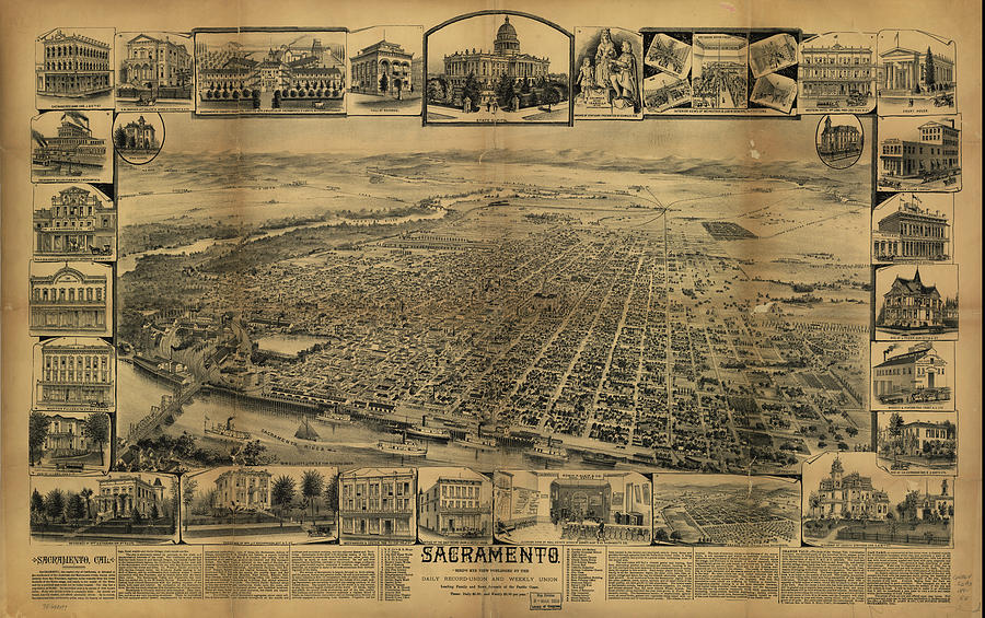 Vintage Pictorial Map Of Sacramento Ca - 1890s Drawing