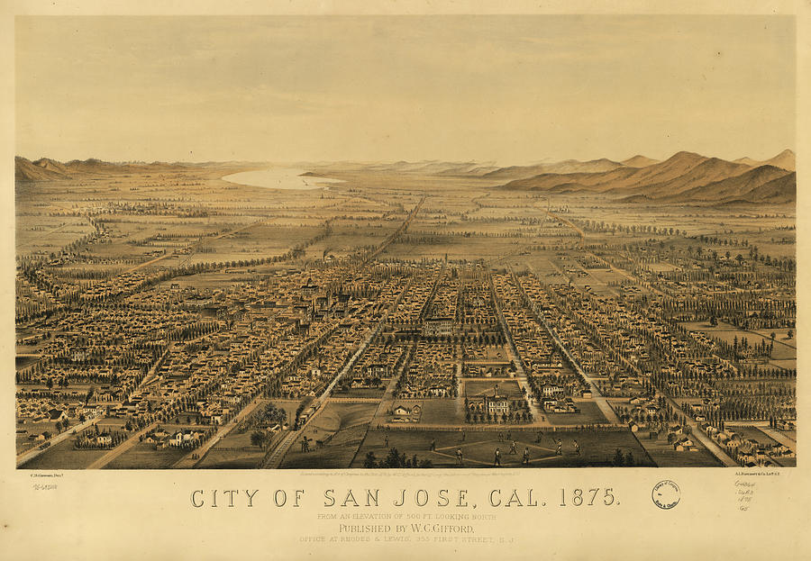Vintage Pictorial Map Of San Jose Ca - 1875 Drawing