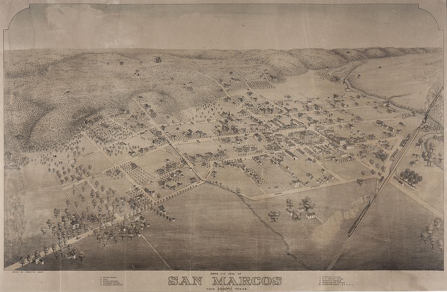 Vintage Pictorial Map Of San Marcos Texas - 1881 Drawing