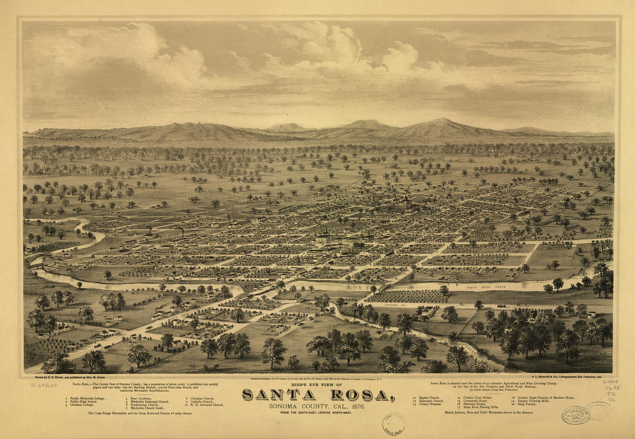 Vintage Pictorial Map of Santa Rosa CA - 1876 Drawing by ...