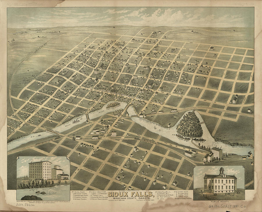 Vintage Pictorial Map Of Sioux Falls Sd - 1881 Drawing