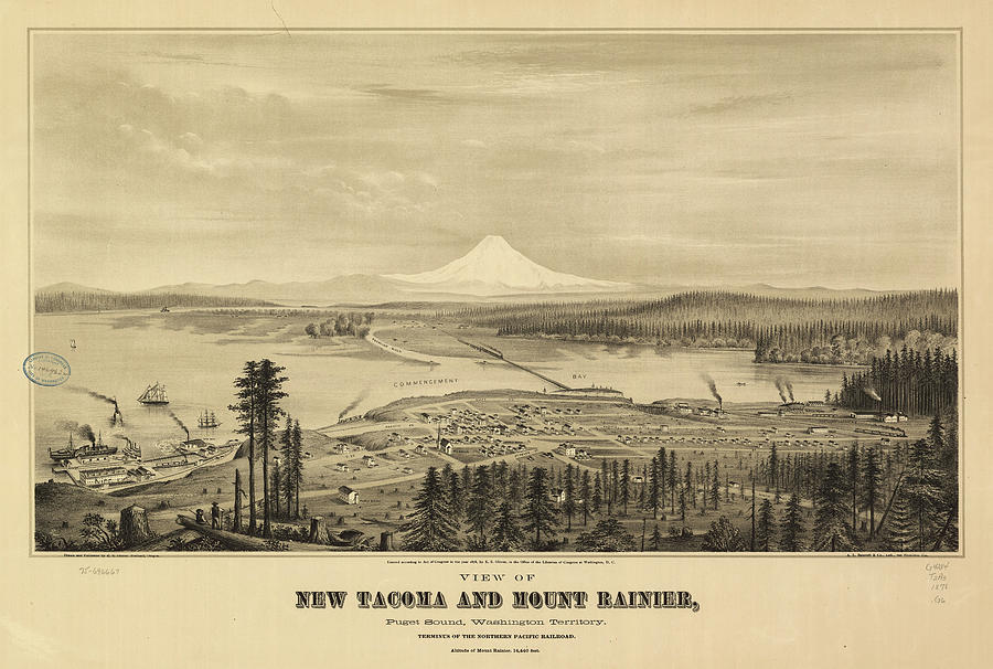 Vintage Pictorial Map Of Tacoma Washington - 1878 Drawing