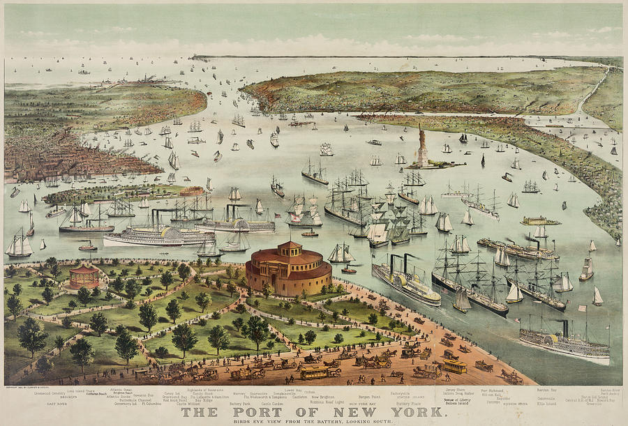 New York City Drawing - Vintage Pictorial Map of The Port of New York by CartographyAssociates