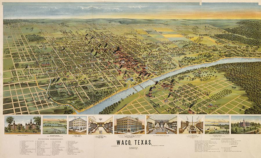 Vintage Pictorial Map of Waco Texas 1892 Drawing by