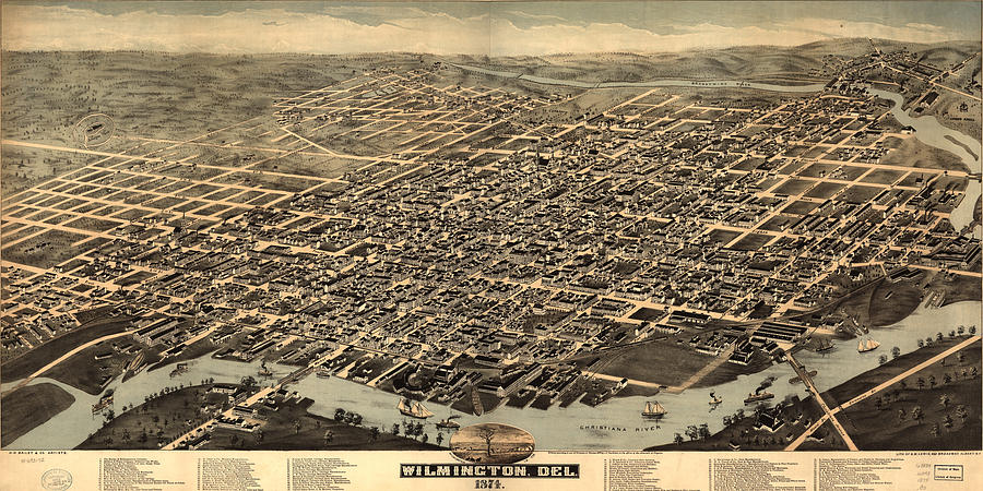 Vintage Pictorial Map of Wilmington DE - 1874 Drawing by ...