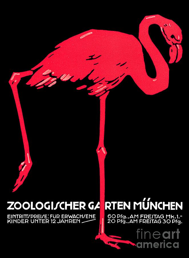 Vintage Pink flamingo Munich Zoo travel ad Drawing by Heidi De Leeuw