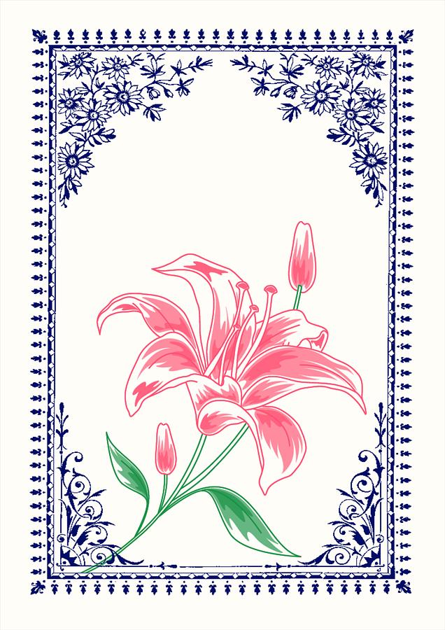 Vintage Digital Art - Vintage Pink Flower 4 with Blue Border by Jannina Ortiz