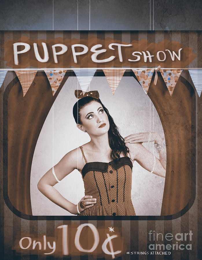 Vintage pinup girl inside a puppet show booth Digital Art by Jorgo Photography