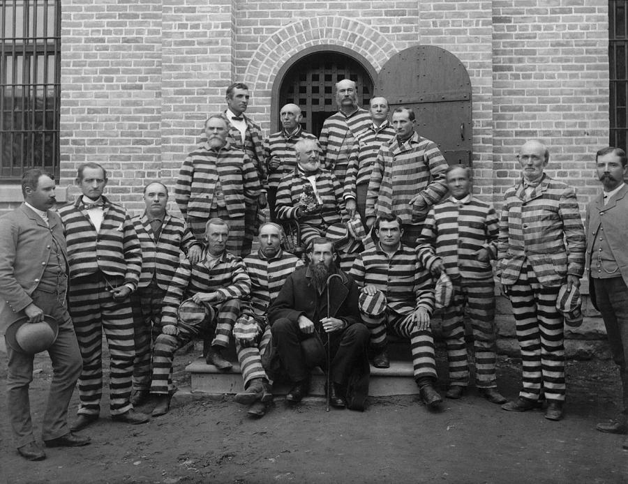 Portrait Photograph - Vintage Prisoners In Striped Uniforms - 1889 by War Is Hell Store