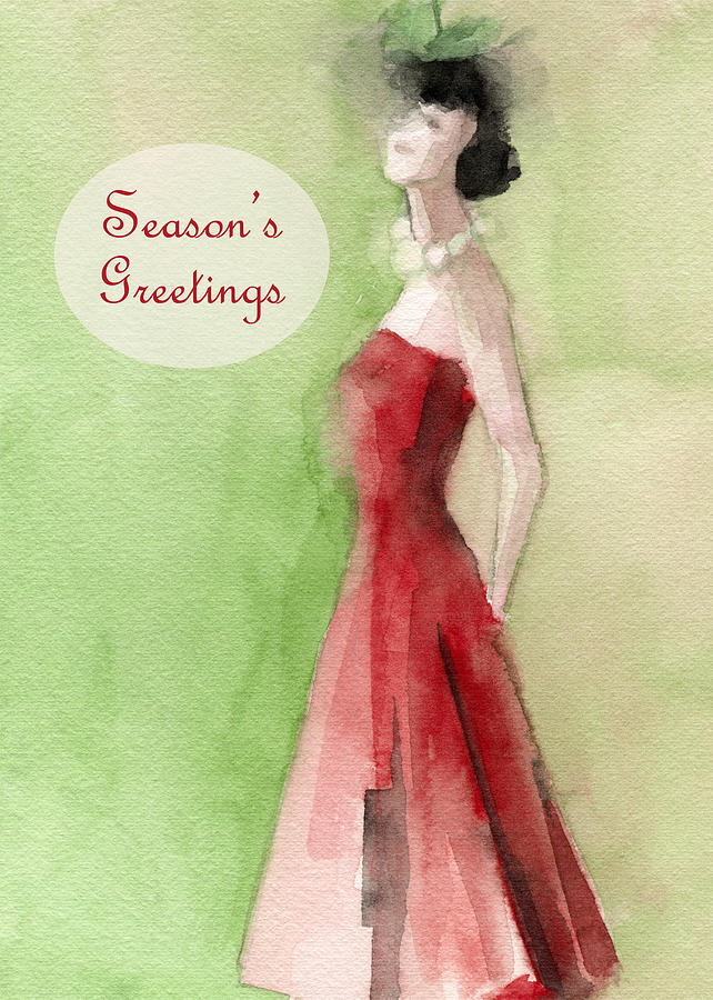 Vintage Red Dress Fashion Holiday Card Painting by Beverly Brown