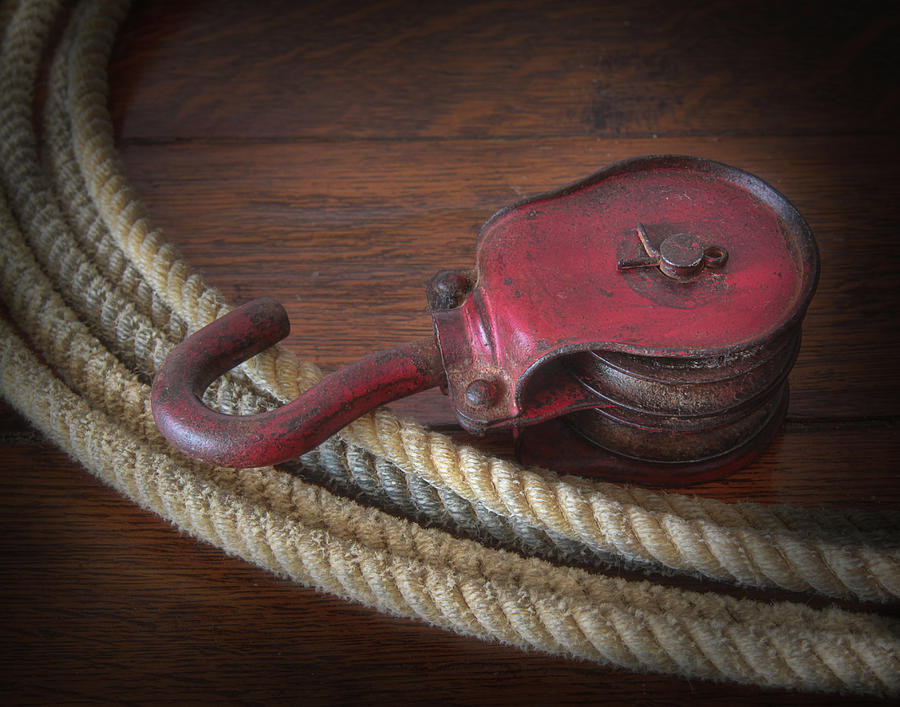 Vintage Red Iron Pulley with Rope Photograph by David and Carol Kelly