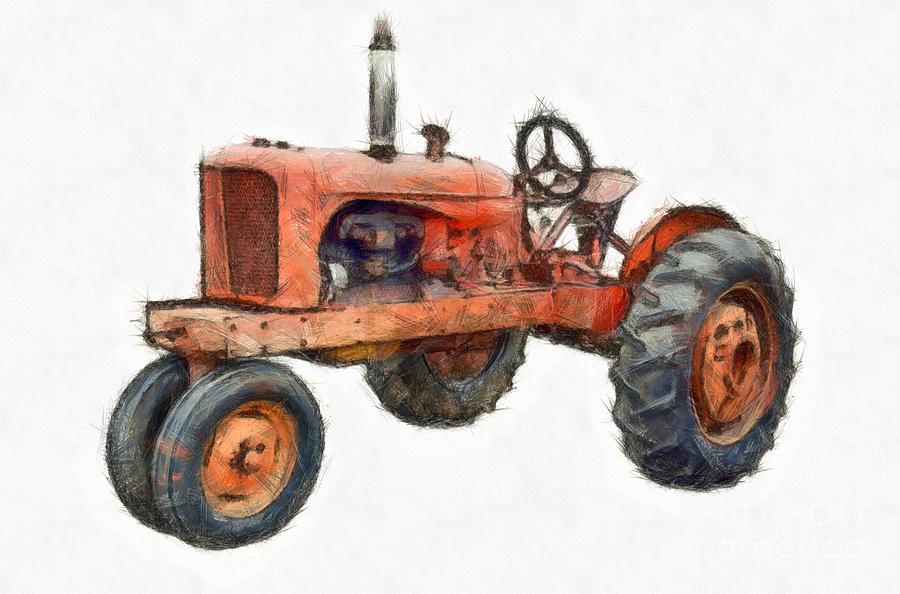 Vintage Red Tractor Pencil Digital Art by Edward Fielding