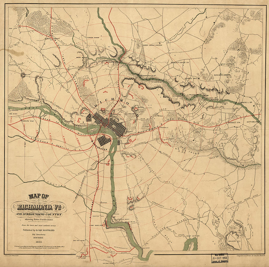 Vintage Richmond Va Rebel Defense Map - 1864 Drawing