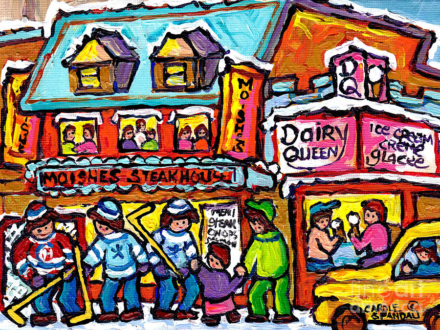 Vintage Rue St Laurent Moishes Steakhouse Dairy Queen Montreal Winter Hockey Street Carole Spandau  Painting by Carole Spandau