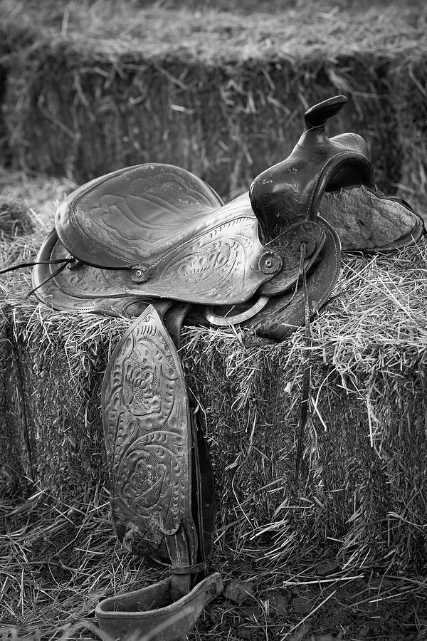 Vintage saddle on a hay bale Photograph by Eti Reid