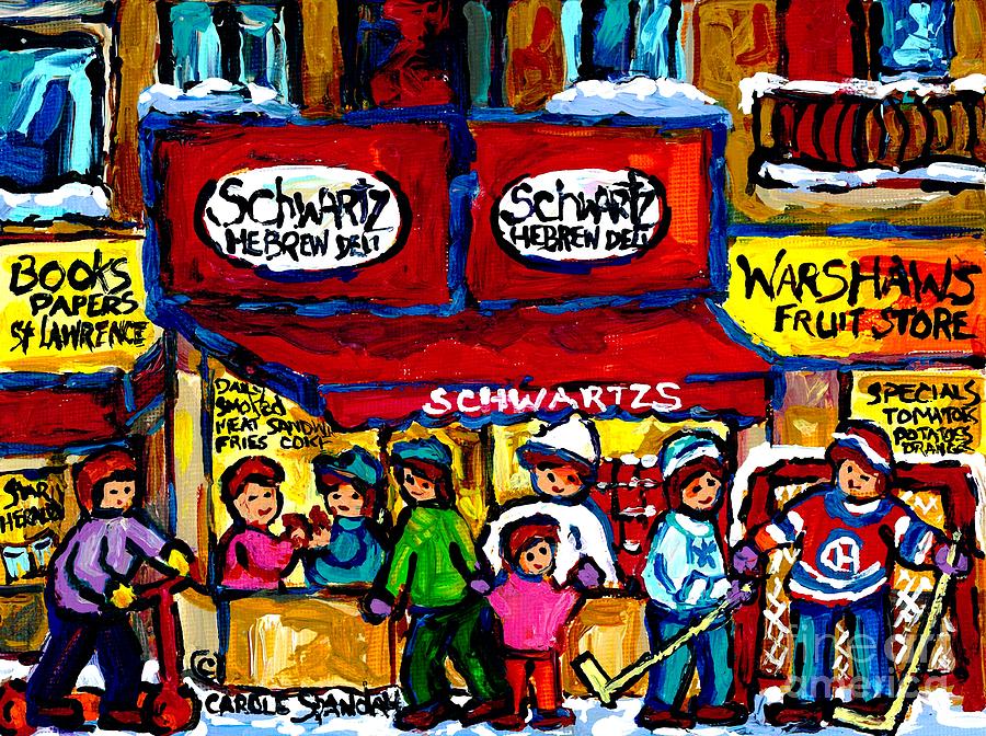 Vintage Schwartz Scene Rue St Laurent Montreal Winter Street Family Fun Hockey And Smoked Meat  Painting by Carole Spandau