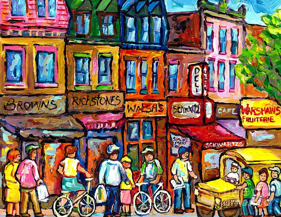 Vintage Painting - Vintage Schwatrzs Deli Painting Montreal Summer City Life Scene Yellow School Bus Carole Spandau    by Carole Spandau