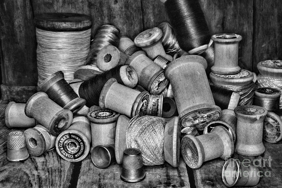 Vintage Sewing Spools in black and white Photograph by Paul Ward