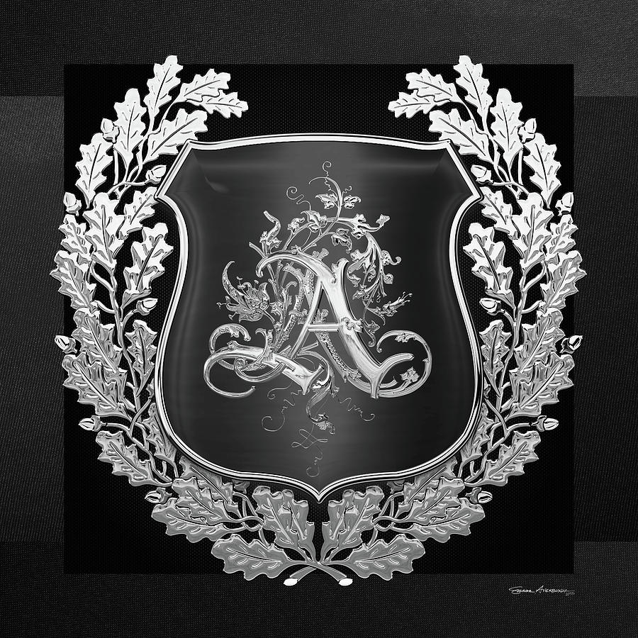 Monograms Digital Art - Vintage Silver AA Monogram on Black Shield with Silver Oak Wreath over Black Canvas by Serge Averbukh