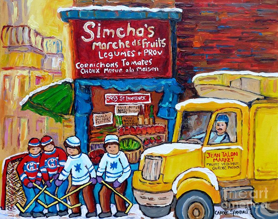 Vintage Simchas Grocery Store Jean Talon Market Truck Hockey Art Montreal Memories Carole Spandau Painting by Carole Spandau