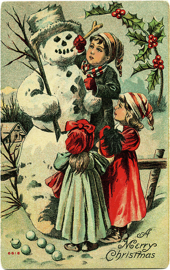 Vintage Snowman and Children Painting by Artist Unknown