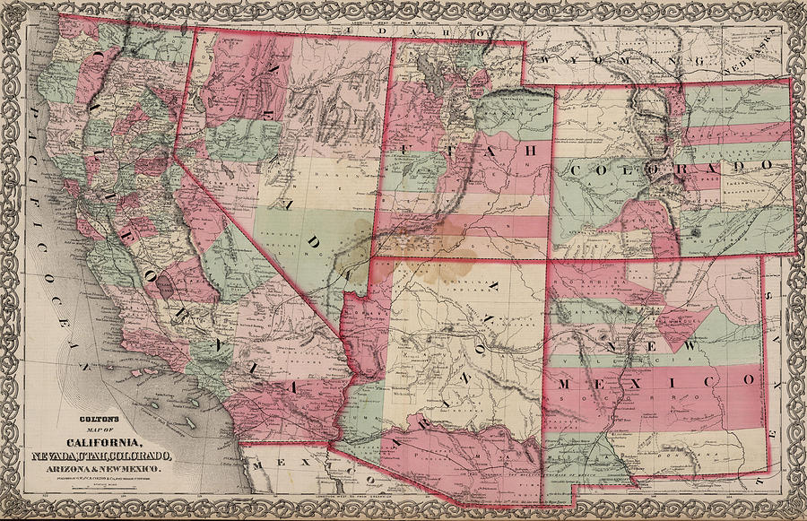 Vintage Southwestern United States Map - 1869 Drawing by ...