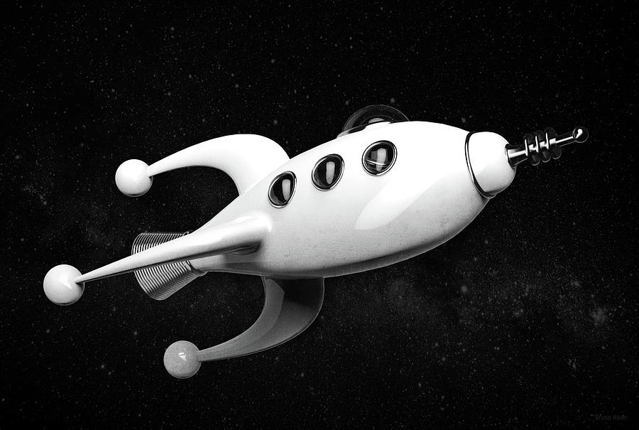Vintage Spaceship Black And White Digital Art