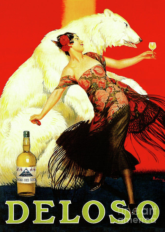 Wine Painting - Vintage Spanish liquor ad, flamenco dancer, polar bear by Tina Lavoie