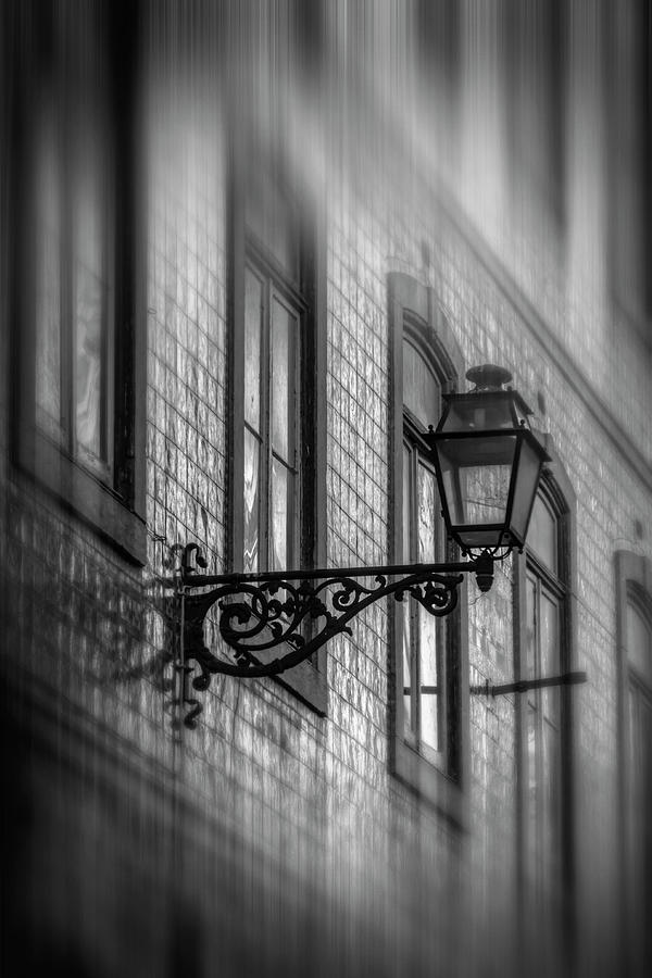 Vintage Street Lamp in Lisbon Portugal in Black and White  Photograph by Carol Japp
