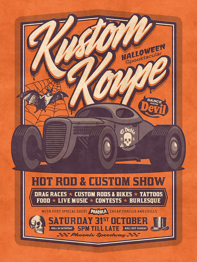 Vintage Style Fictional Halloween Hot Rod Show - Orange Digital Art by ...