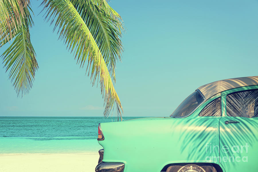 Miami Photograph - Vintage summer, classic car on a beach by Delphimages Photo Creations