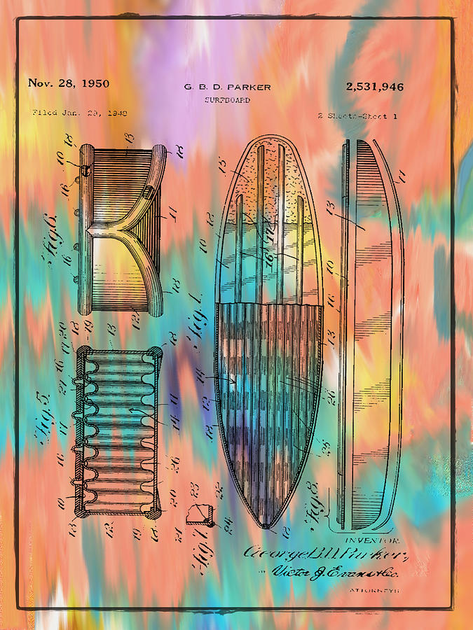 Vintage Surf Board Patent 1950 - Tropical Digital Art by Bill Cannon