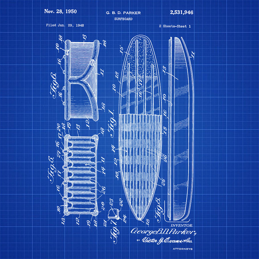 Vintage Surf Board Patent Blue Print 1950 Photograph by Bill Cannon