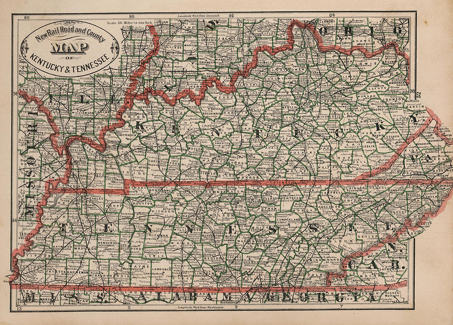Tennessee Map Drawing - Vintage Tennessee and Kentucky Railroad Map - 1883 by CartographyAssociates