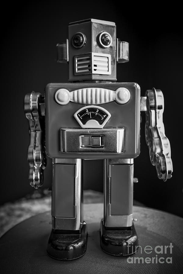 Vintage Tin Toy Robot Black and white Photograph by Edward Fielding