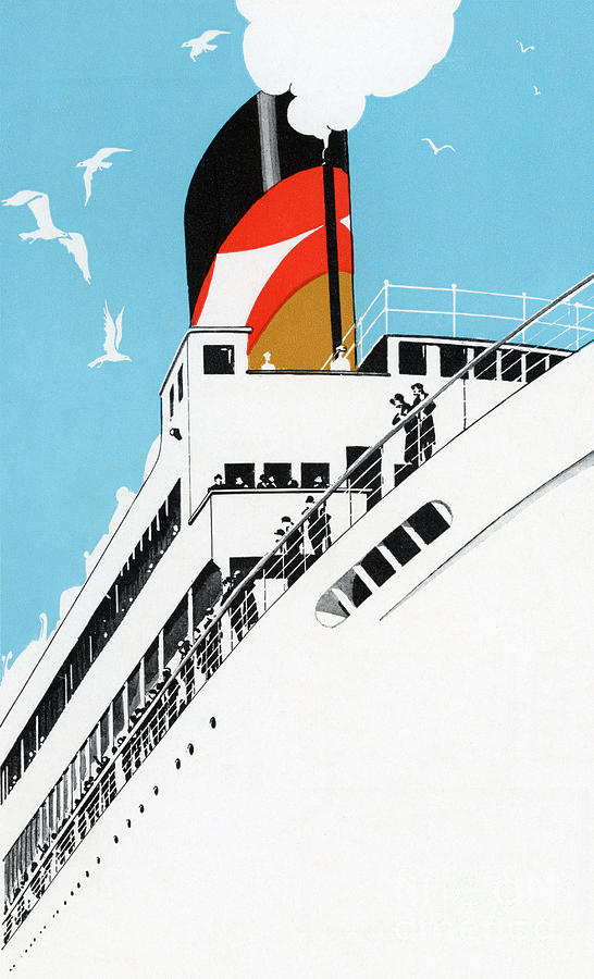 Art Deco Vintage Travel Poster a Cruise Ship with Passengers, 1928 Painting by American School
