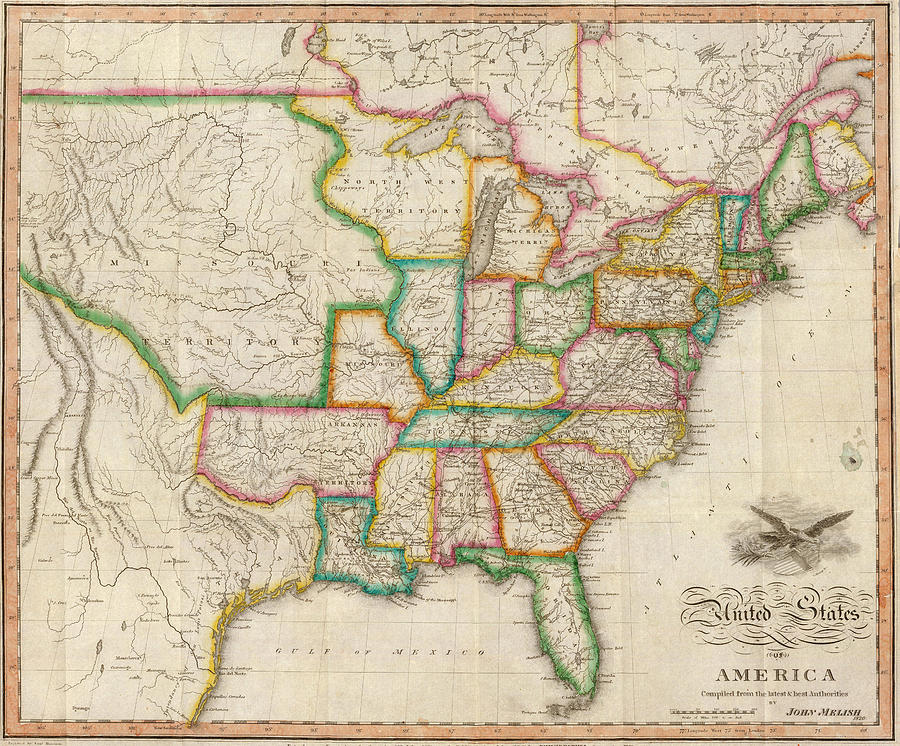 Vintage United States Map - 1822 Drawing by CartographyAssociates