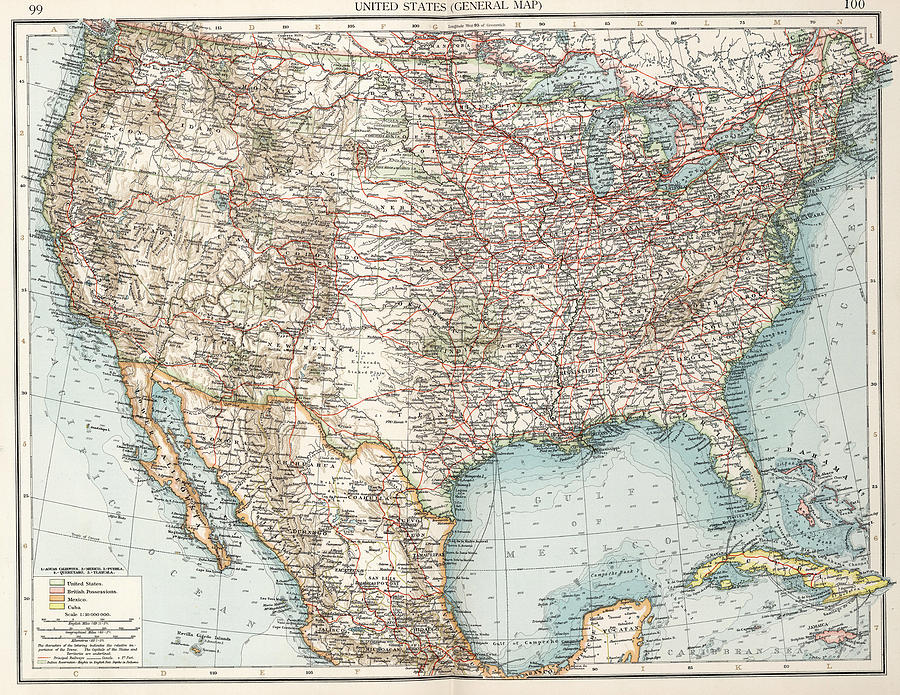 Vintage United States Map 1900 Drawing By Cartographyassociates