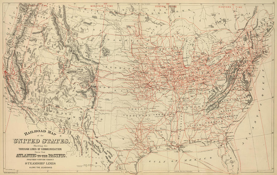 Vintage United States Railroad Map - 1886 Drawing by CartographyAssociates