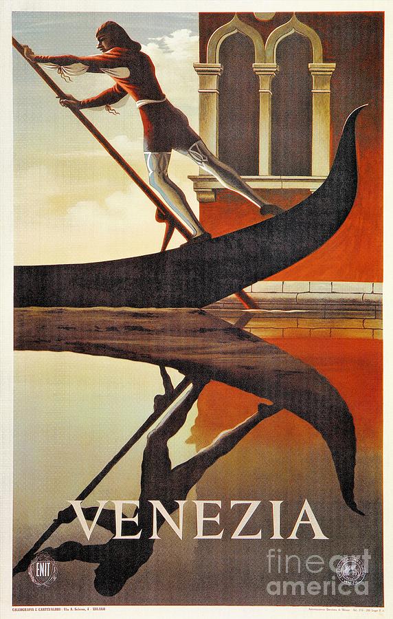Vintage Venice Italy travel advert gondola Digital Art by Heidi De Leeuw