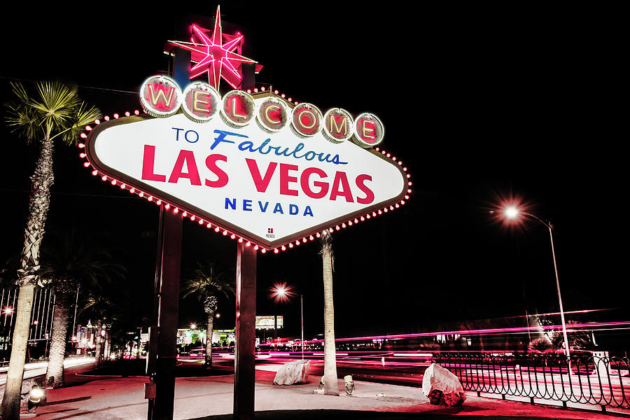 Las Vegas Sign Photograph - Vintage Welcome to Fabulous Las Vegas Neon Cityscape by Gregory Ballos