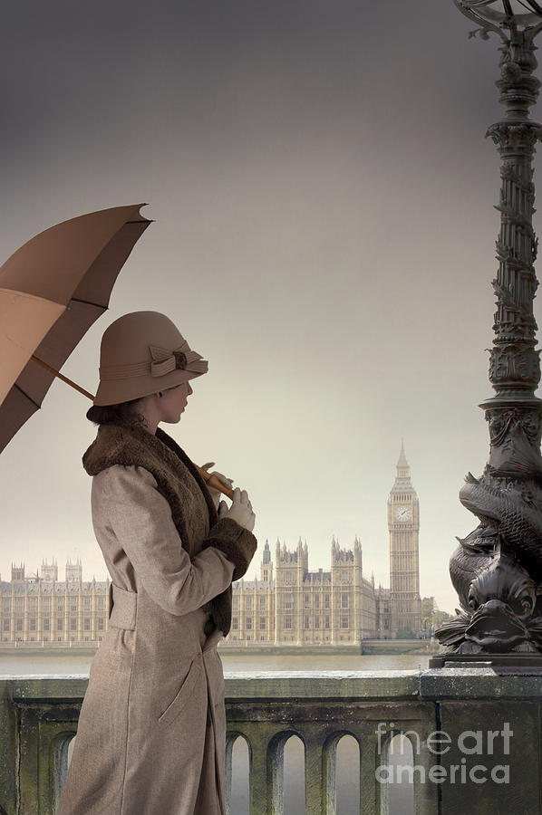 vintage woman in London rain with umbrella Photograph by Lee Avison