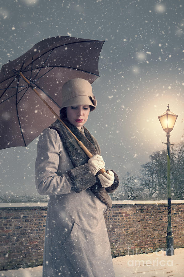 Vintage Woman With Coat Hat And Umbrella Outside In Snow Photograph by Lee Avison