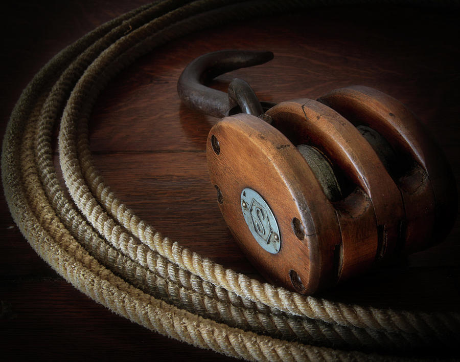 Vintage Wood Block and Tackle with Rope Photograph by David and Carol Kelly