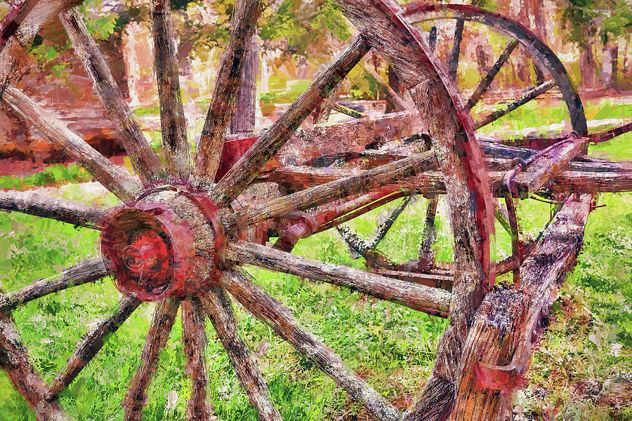 Vintage Wooden Wagon Wheel at Mabry Mill AP Painting by Dan Carmichael